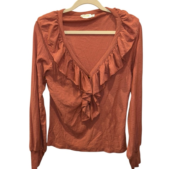 Nation LTD Ruffled V-Neck Terracotta jersey knit top L - Picture 1 of 3